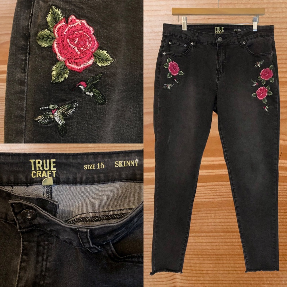 Black charcoal skinny jeans embroider floral bird tropical western cowgirl